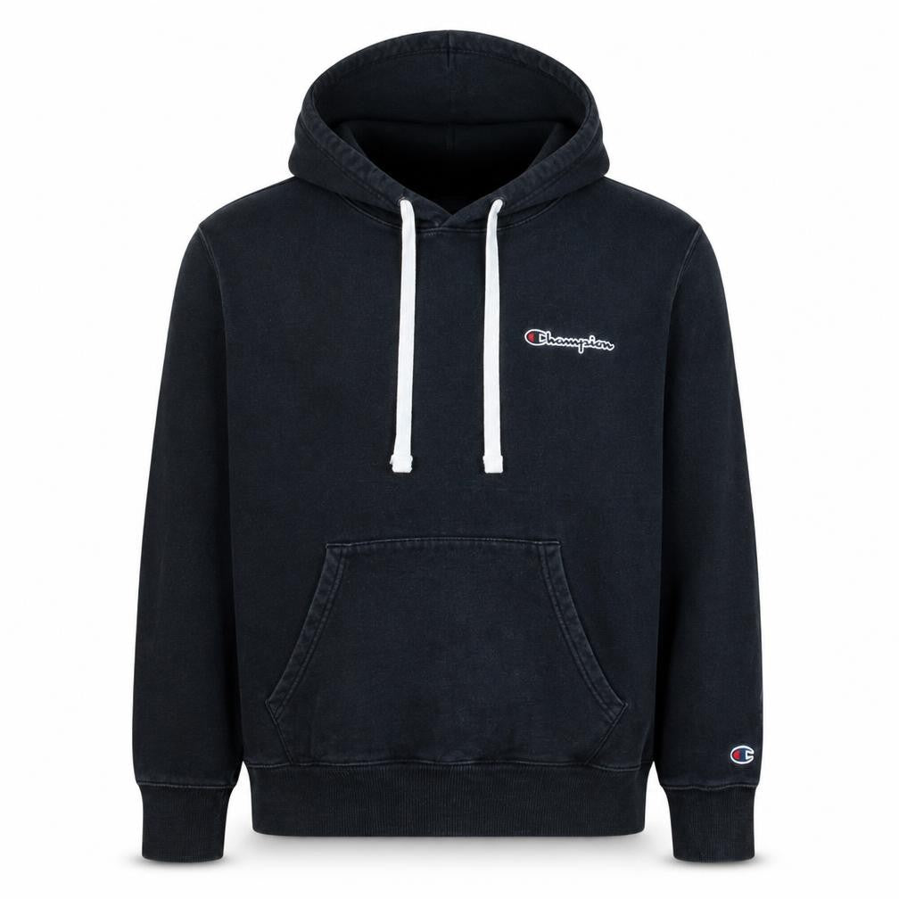 Front view of Champion men’s black pullover hoodie medium logo cotton sweatshirt