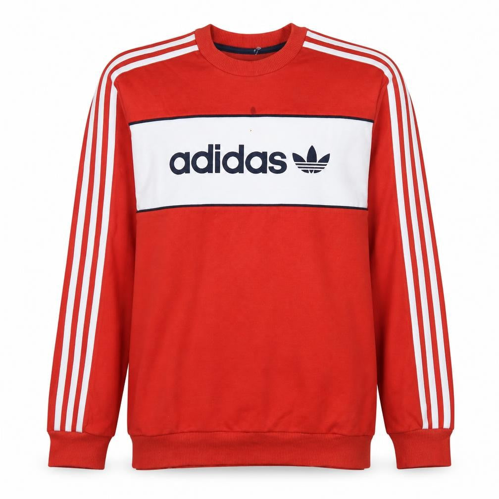 Front view of Adidas men’s red crew neck pullover sweatshirt l retro logo