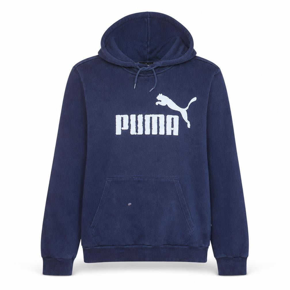 Front view of Puma Women's Navy Blue Pullover Hoodie Small Logo Print Cotton Blend