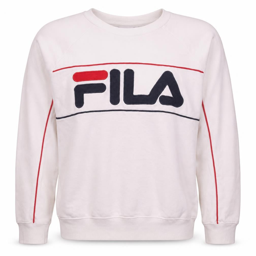 Front view of Fila men’s white logo sweatshirt l crew neck pullover