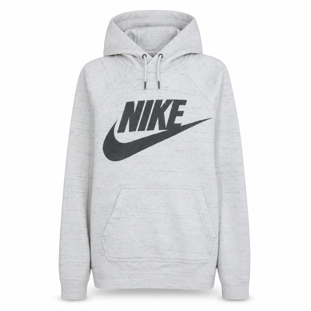 Front view of Nike women’s grey hoodie small pullover long sleeve logo print