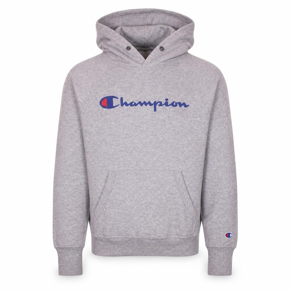 Front view of Champion Men's Grey XS Pullover Hoodie with Logo Design