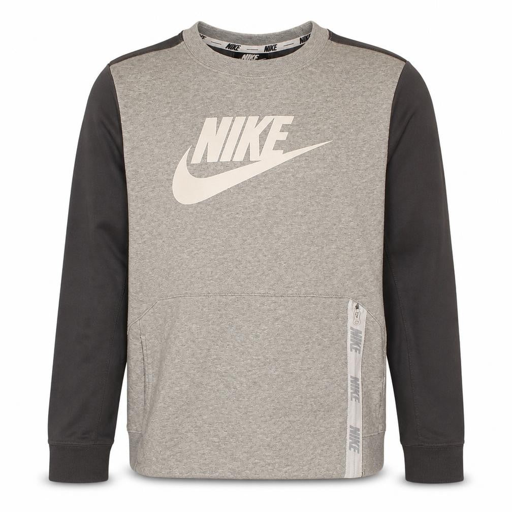 Front view of Nike boys’ grey & black crew neck pullover sweatshirt m 137-147cm