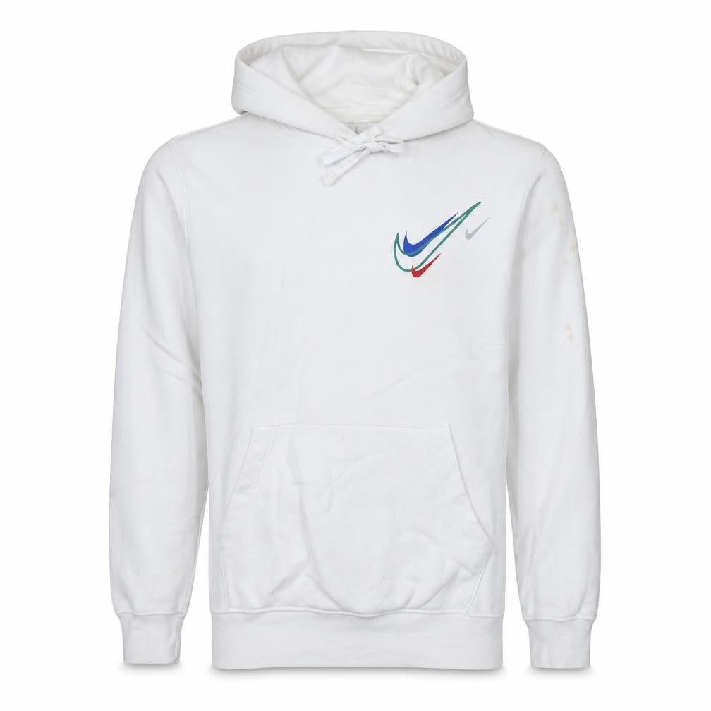 Front view of Nike Men's White XS Pullover Hoodie with Multi Swoosh Logo