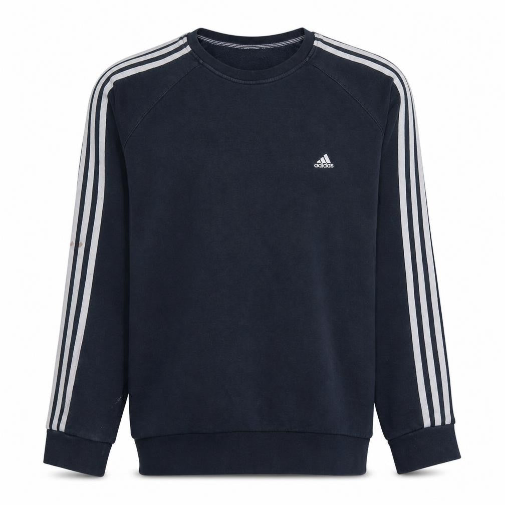 Front view of Adidas men’s black crew neck sweatshirt, size L, classic 3-stripes pullover
