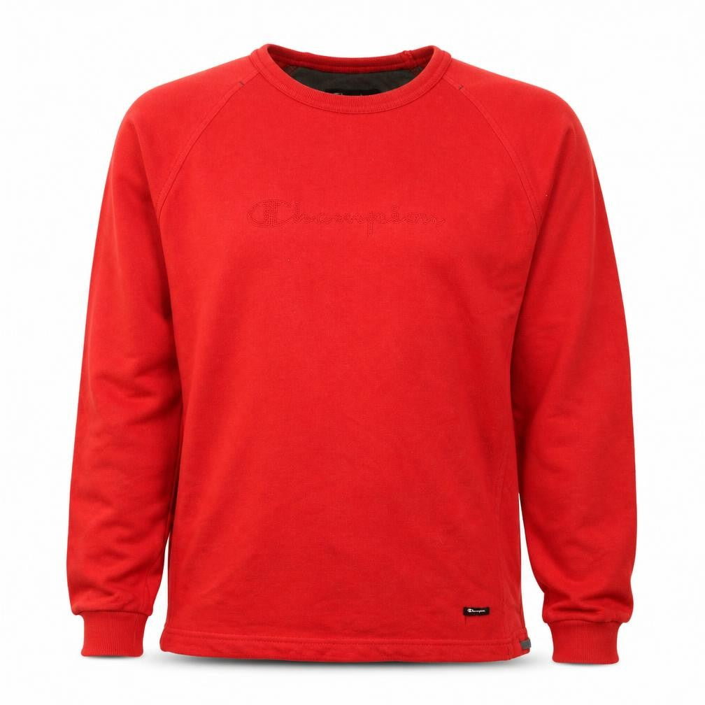 Front view of Champion Men's Red Crew Neck Pullover Sweatshirt S Regular Fit