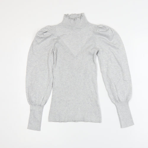 River Island Womens Grey High Neck Puff Sleeve Knit Blouse Size 6
