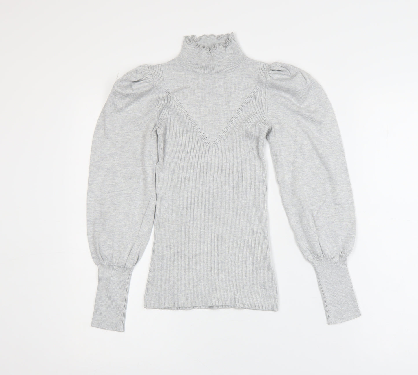 River Island Womens Grey High Neck Puff Sleeve Knit Blouse Size 6
