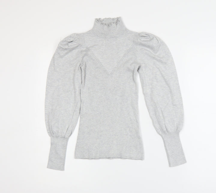 River Island Womens Grey High Neck Puff Sleeve Knit Blouse Size 6