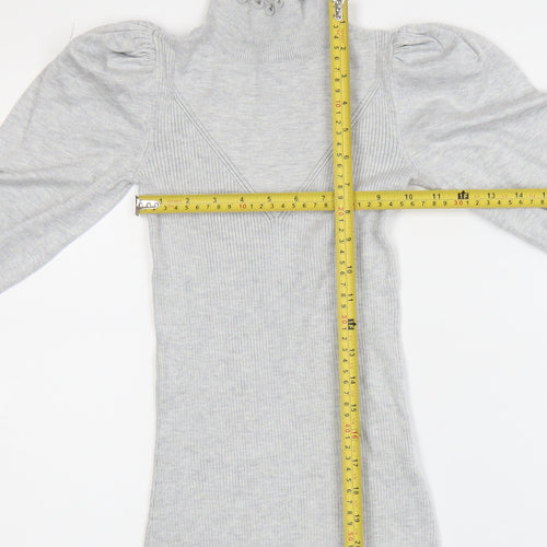 River Island Womens Grey High Neck Puff Sleeve Knit Blouse Size 6