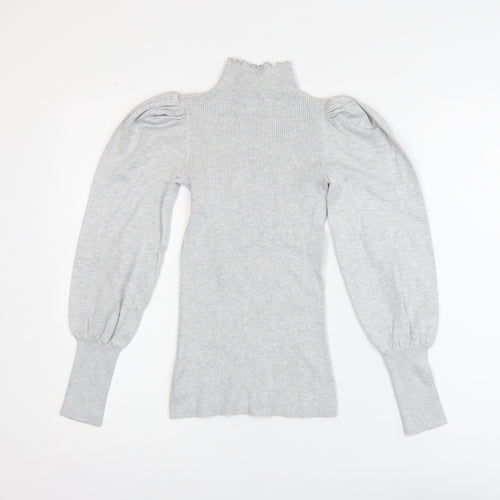 River Island Womens Grey High Neck Puff Sleeve Knit Blouse Size 6
