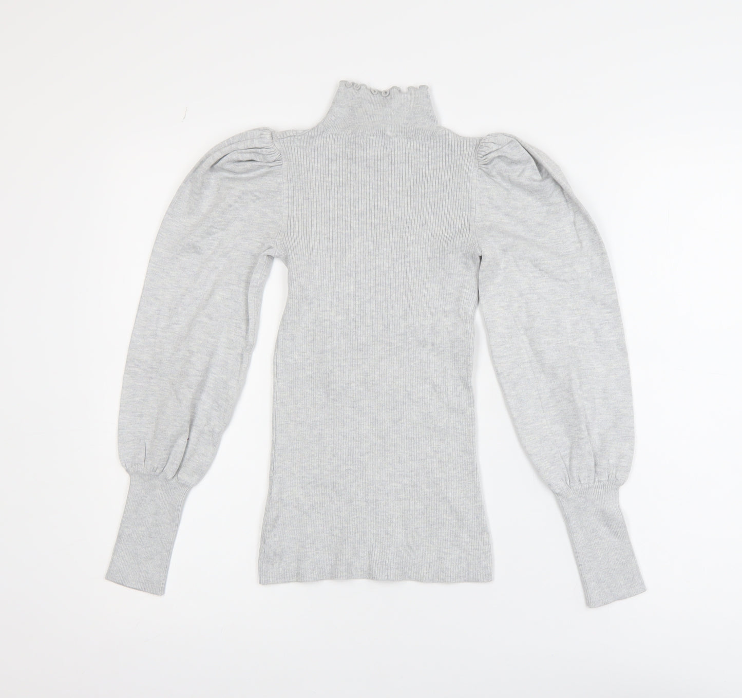 River Island Womens Grey High Neck Puff Sleeve Knit Blouse Size 6