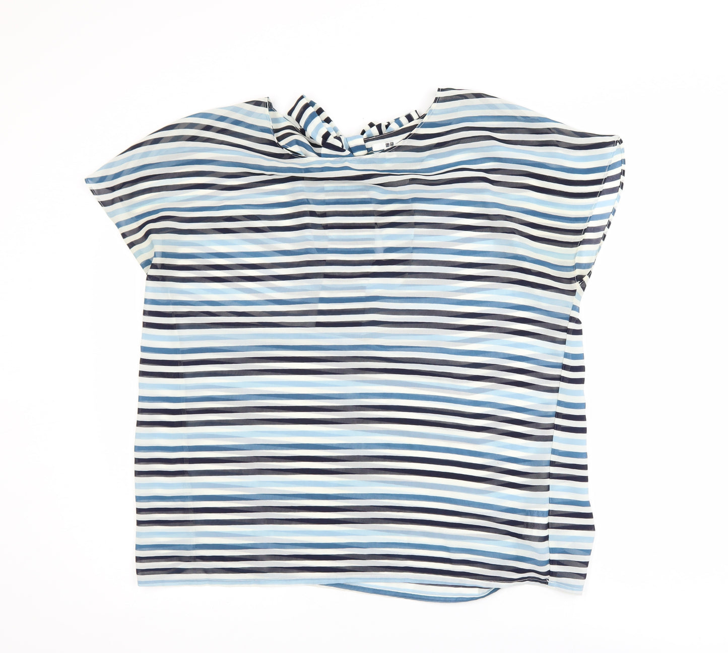 Uniqlo Women Blue Striped Bow Neck Chiffon Blouse Size M