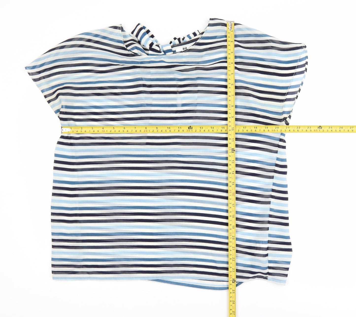 Uniqlo Women Blue Striped Bow Neck Chiffon Blouse Size M