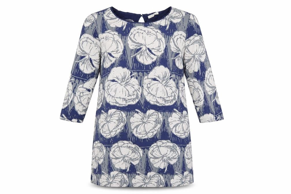 Front view of White Stuff Women's Blue Floral Shift Dress, size 12, 3/4 Sleeve