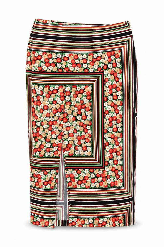 Front view of Topshop women’s multicoloured midi pencil skirt, size UK 6, viscose