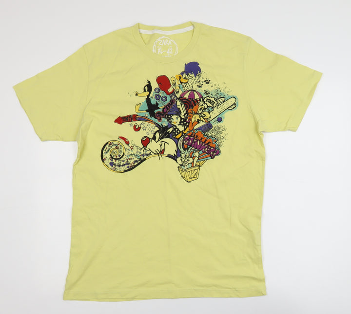 Zara Men Yellow Graphic Cartoon T-Shirt XL Short Sleeve