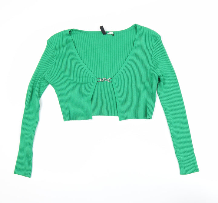 H&M Divided Green V-Neck Ribbed Knit Cropped Cardigan Women’s Size 12