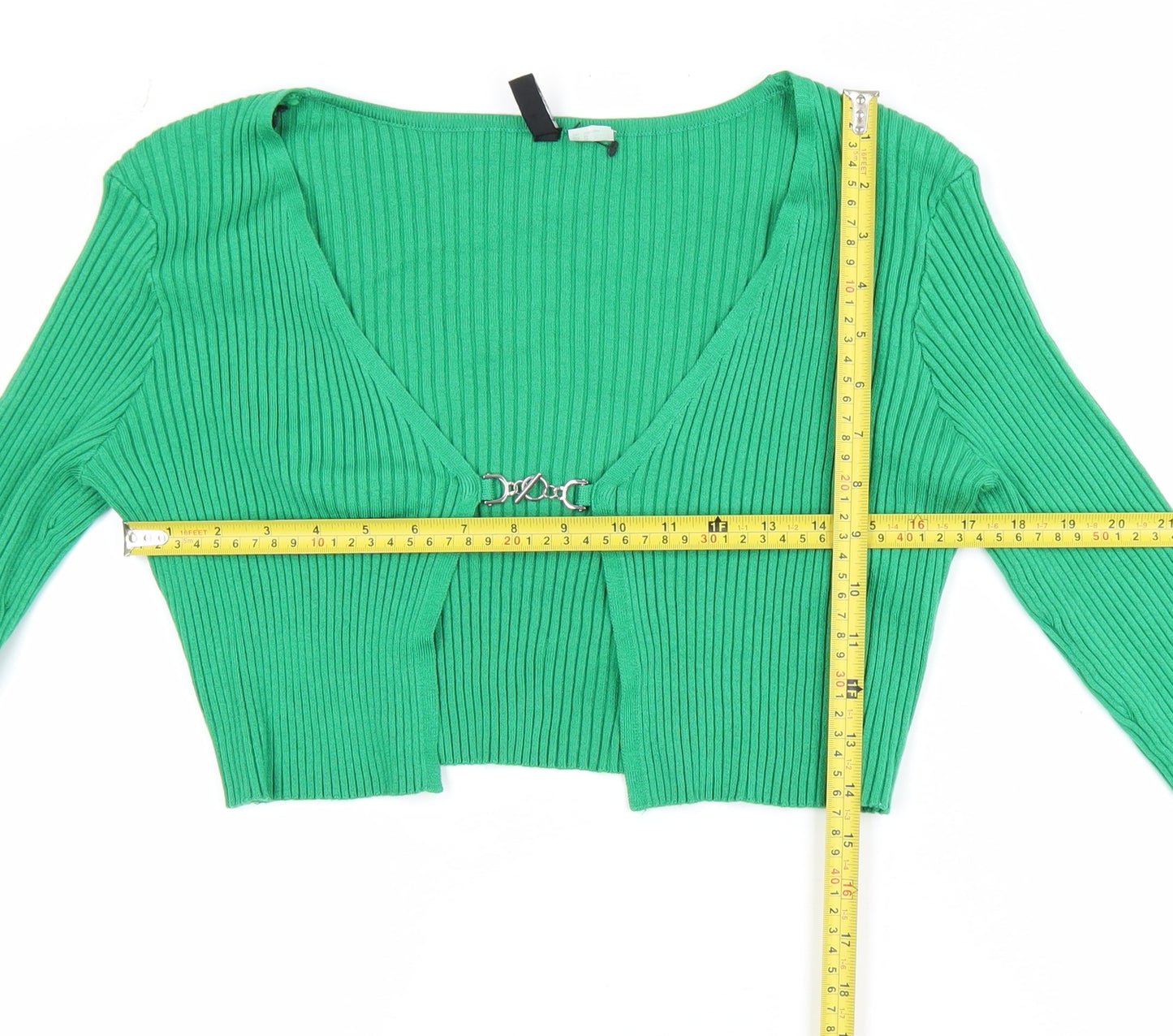 H&M Divided Green V-Neck Ribbed Knit Cropped Cardigan Women’s Size 12