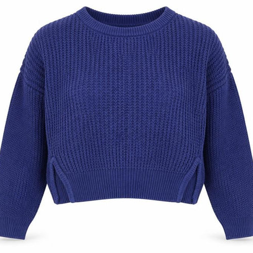 izzue Women's Blue Cotton Chunky Knit Crew Neck Jumper Size S