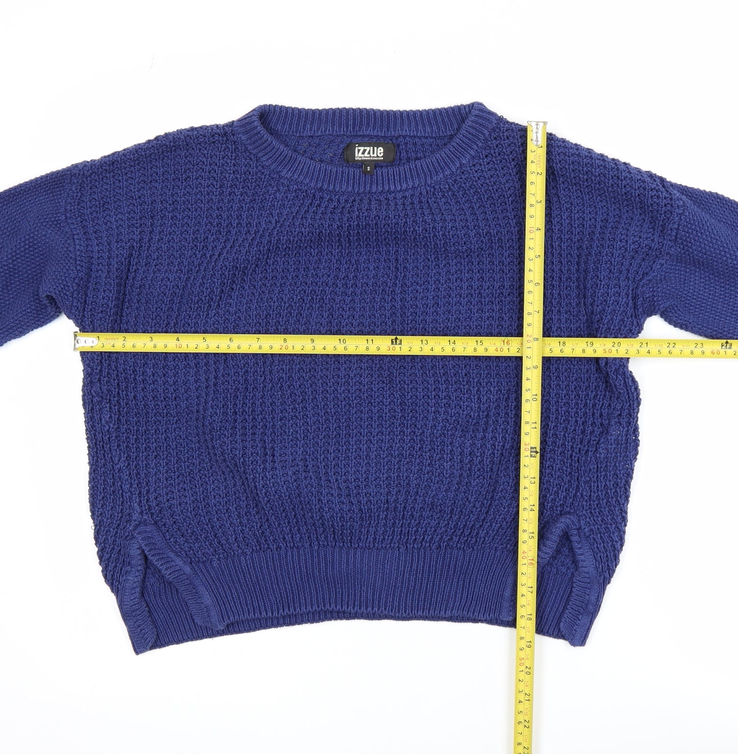 izzue Women's Blue Cotton Chunky Knit Crew Neck Jumper Size S
