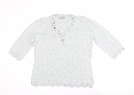 Marks and Spencer Per Una Grey V-Neck Button 3/4 Sleeve Jumper Size 16