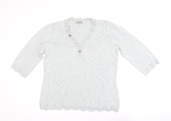 Marks and Spencer Per Una Grey V-Neck Button 3/4 Sleeve Jumper Size 16