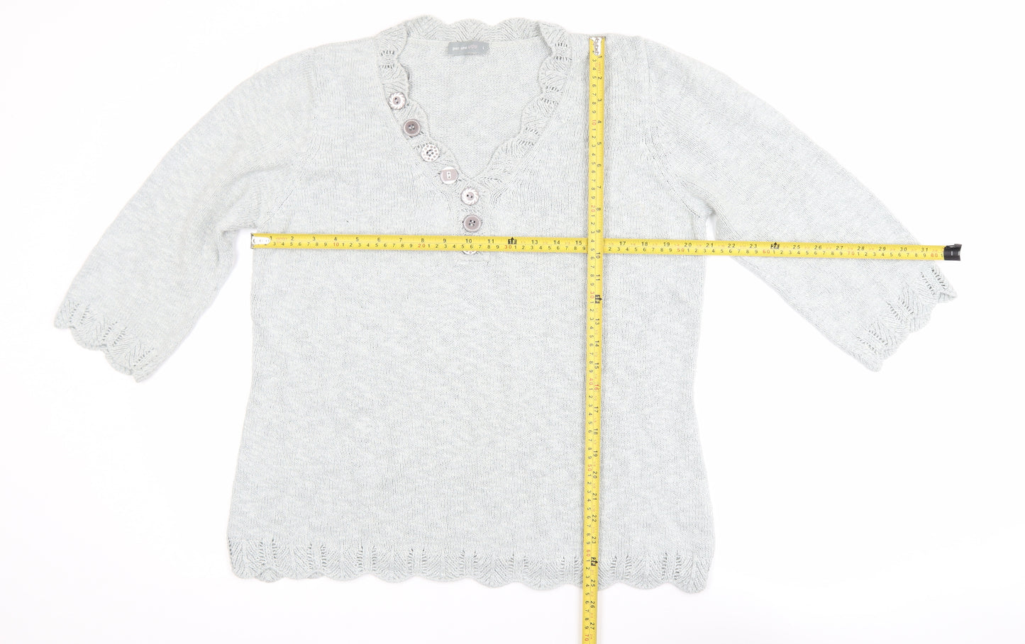 Marks and Spencer Per Una Grey V-Neck Button 3/4 Sleeve Jumper Size 16