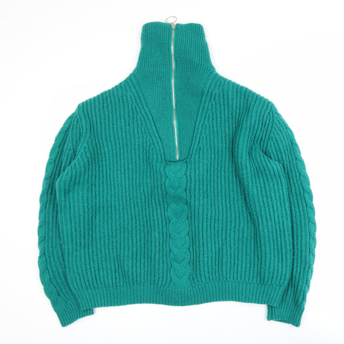 Feelhoo Women's Green Cable-Knit High Neck Full Zip Jumper M