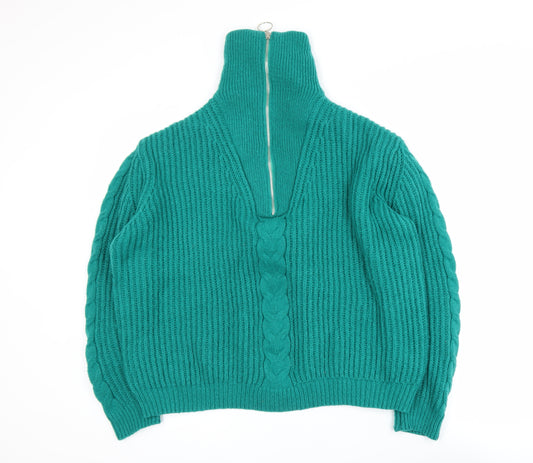 Feelhoo Women's Green Cable-Knit High Neck Full Zip Jumper M