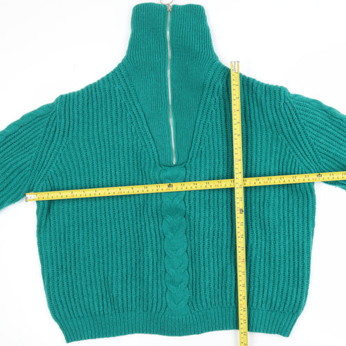 Feelhoo Women's Green Cable-Knit High Neck Full Zip Jumper M