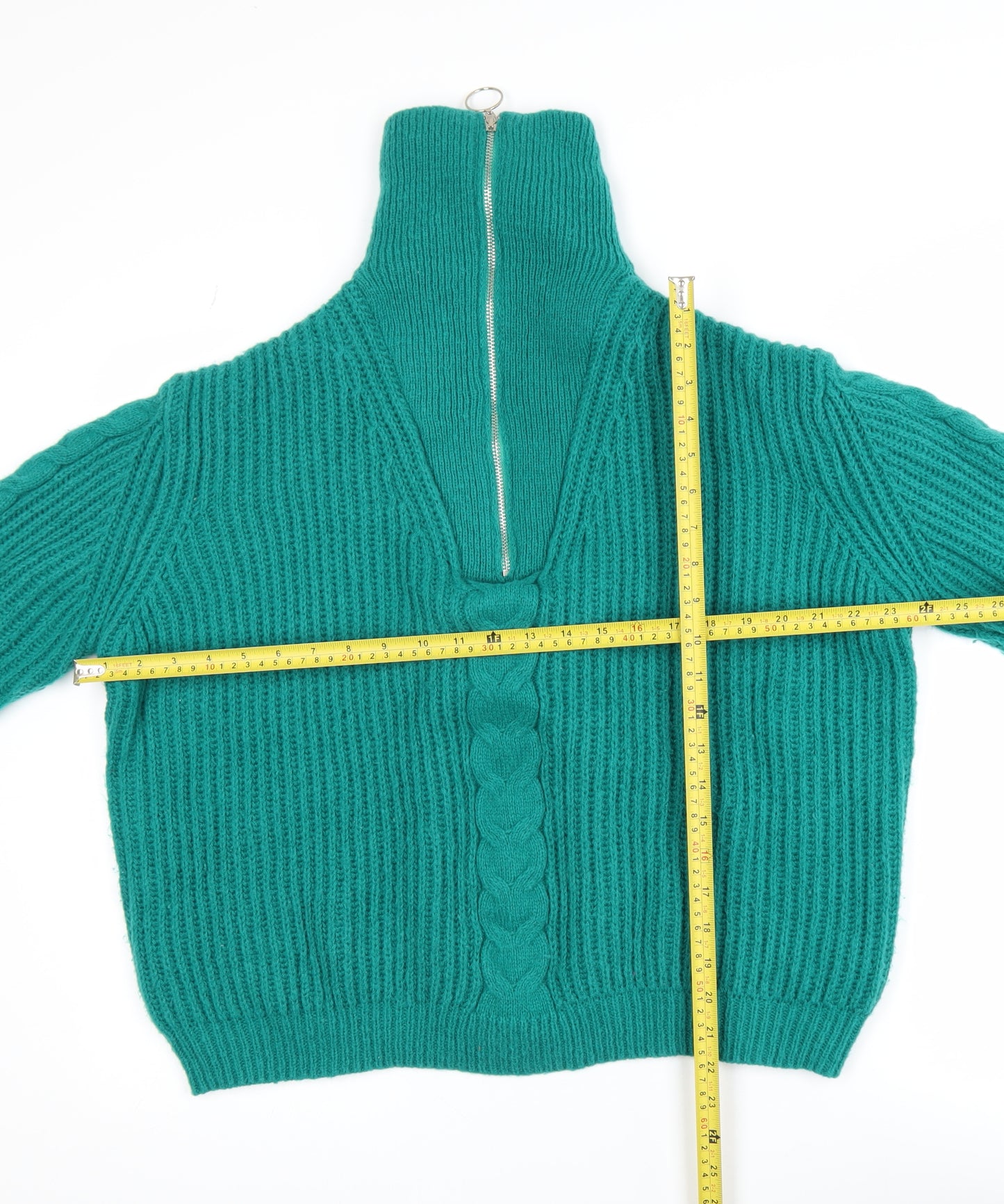 Feelhoo Women's Green Cable-Knit High Neck Full Zip Jumper M