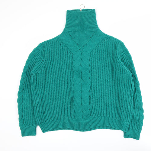 Feelhoo Women's Green Cable-Knit High Neck Full Zip Jumper M