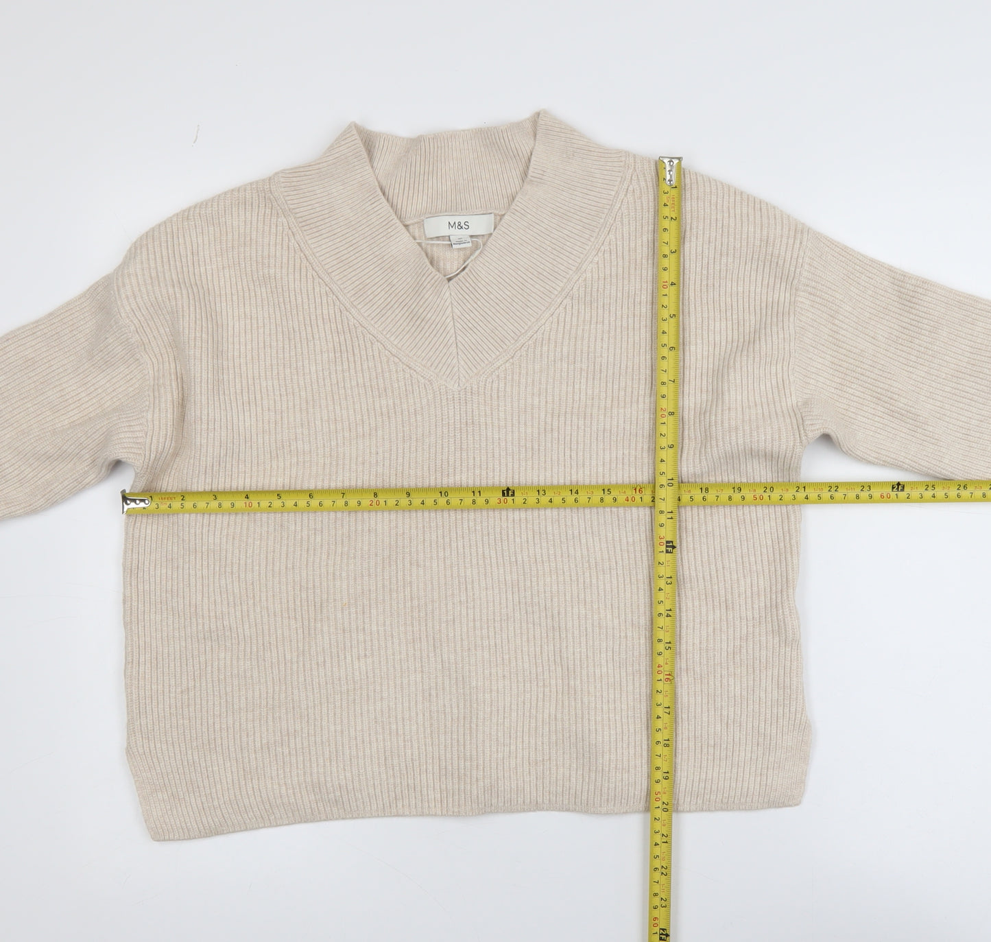 Marks and Spencer Womens Beige V-Neck Knit Jumper Medium