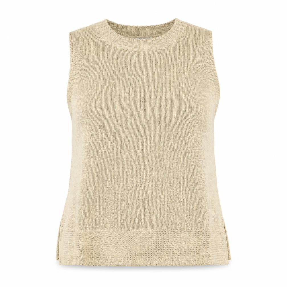 Front view of JD Williams women’s beige knit tank top, size UK 20, acrylic blend