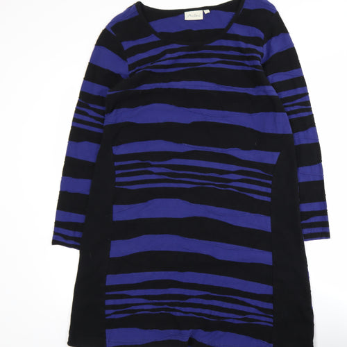 Adini Women’s Blue Black Stripe Shift Dress L 3/4 Sleeve Casual