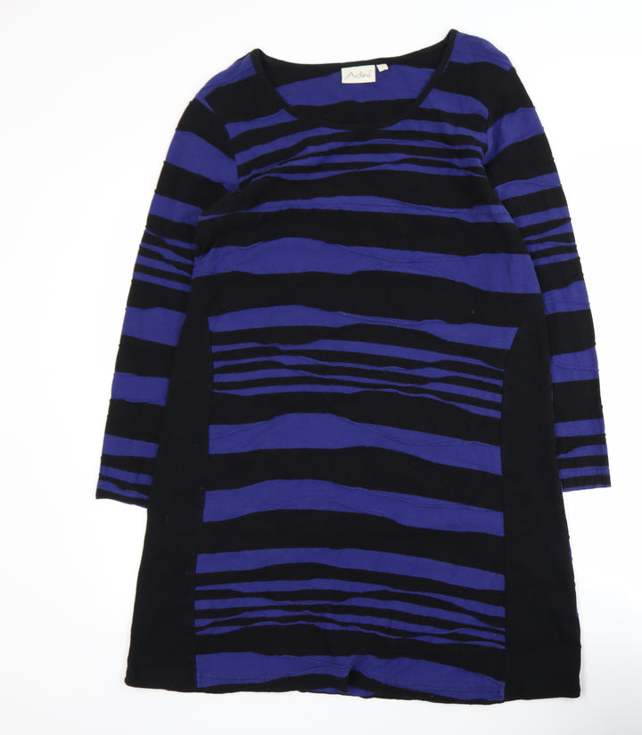 Adini Women’s Blue Black Stripe Shift Dress L 3/4 Sleeve Casual