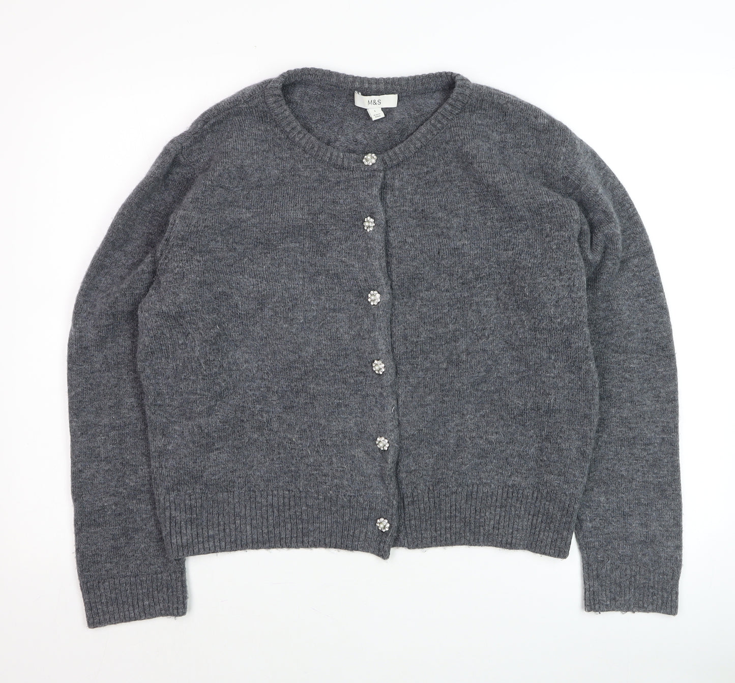 Marks and Spencer Women's Grey Cardigan L Crew Neck Wool Blend