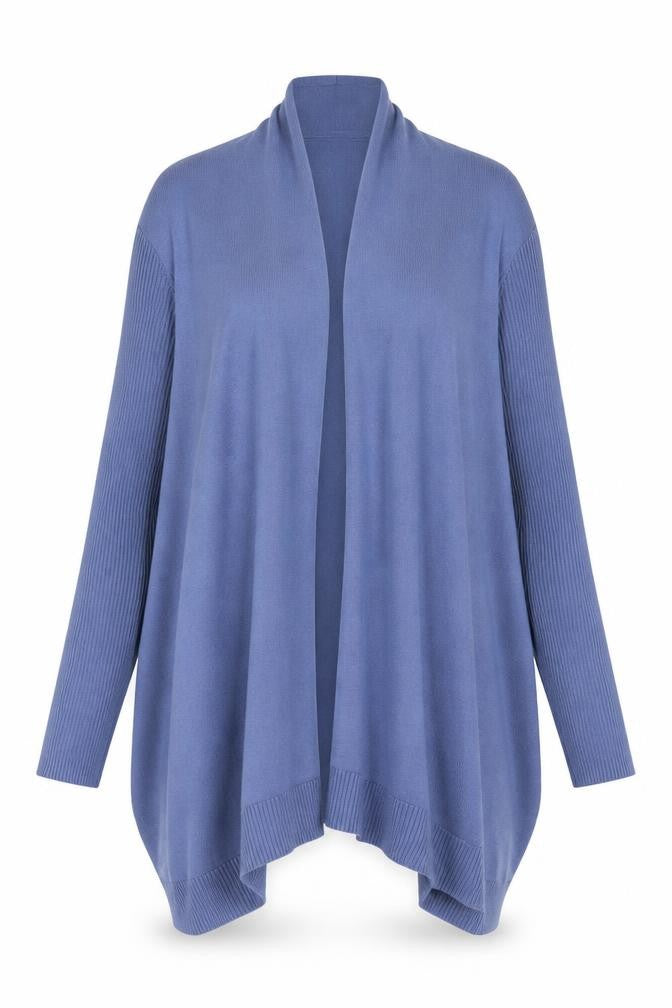 Front view of DKNY women’s blue knit open front long sleeve cardigan, size UK 12