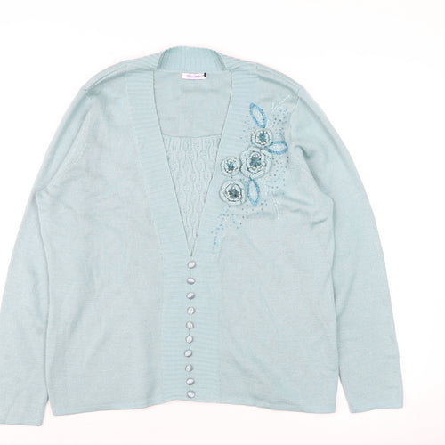 Baluart Women Blue Cardigan Floral Beaded Button Front Size 12