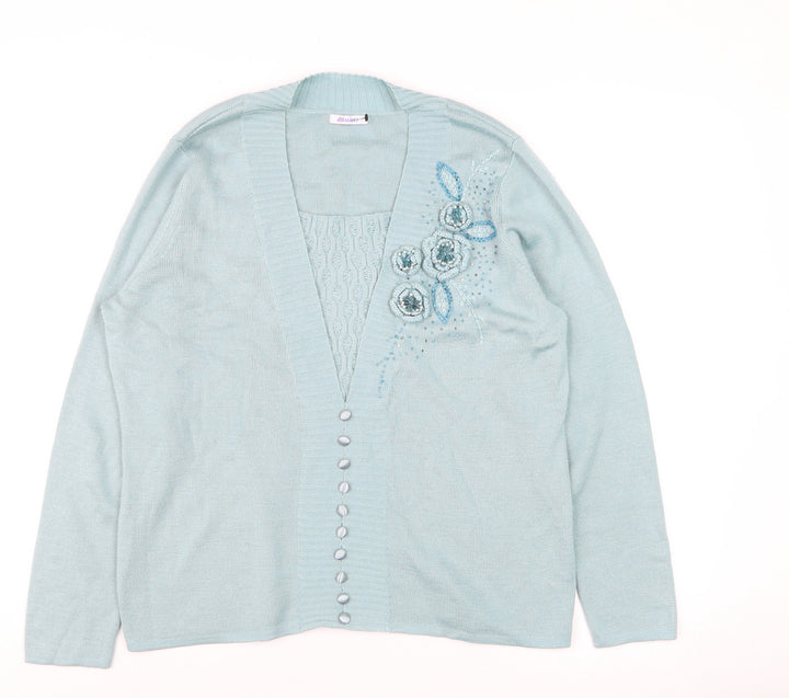 Baluart Women Blue Cardigan Floral Beaded Button Front Size 12