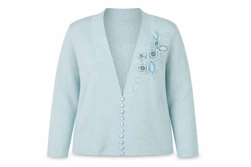 Front view of Baluart Women Blue Cardigan Floral Beaded Button Front, size 12