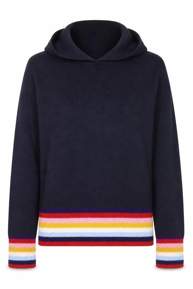 Front view of Studio Women Blue Hooded Rainbow Stripe Knit Jumper, size 8