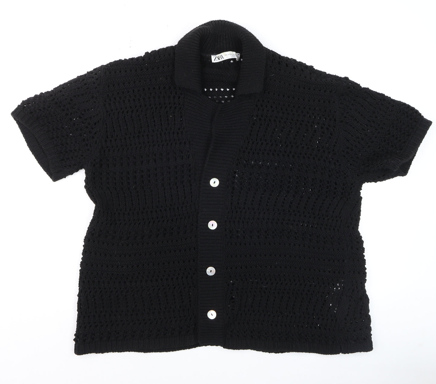 ZARA Women Black Crochet Knit Short Sleeve Cardigan S-M