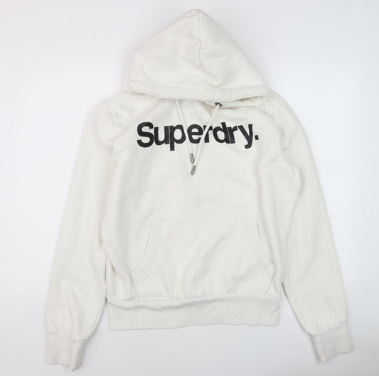 Superdry Mens White Pullover Hoodie M Logo Print Fleece Sweatshirt