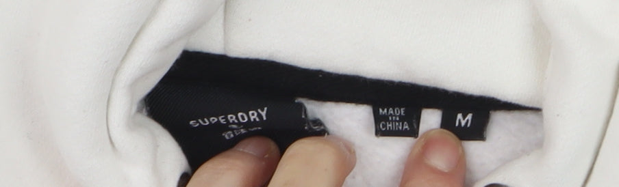 Superdry Mens White Pullover Hoodie M Logo Print Fleece Sweatshirt