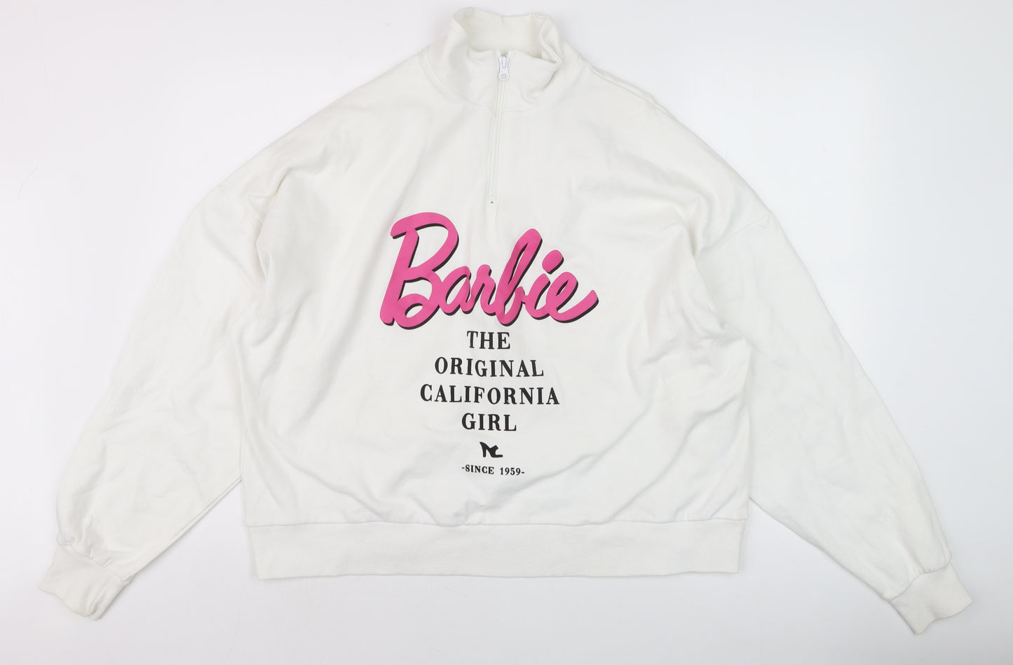 ASOS Design Barbie White 1/4 Zip Sweatshirt Women UK 10 Cotton Blend