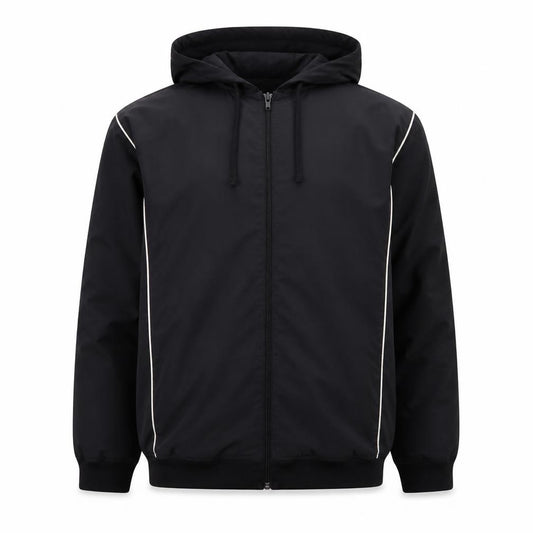 Front view of St. John's Bay Men's Black M Windbreaker Hooded Jacket