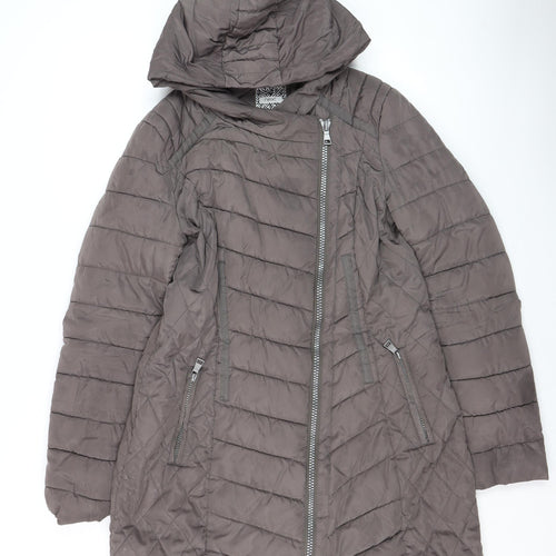 Next Womens Grey Hooded Puffer Coat Size 10 Mid-Length Quilted Zip Jacket