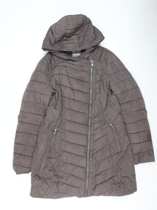 Next Womens Grey Hooded Puffer Coat Size 10 Mid-Length Quilted Zip Jacket